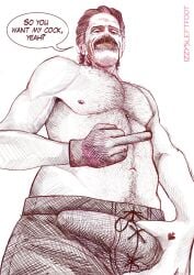 1boy 1male bara bara_tiddies bara_tits barazoku beard big_penis bulge cock_outline dialogue dilf erection_under_clothes foreshortening grey_hair izzy_hands izzysleftfoot leather_gloves looking_at_viewer male_only middle_finger older_male our_flag_means_death pov smiling smiling_at_viewer tattoos van_dyke_beard viewed_from_below