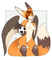 anthro ball canine feathered_wings feathers female hiddenwolf looking_at_viewer mammal nude pussy smile soccer_ball solo standing wide_hips wings