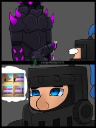 1boy 1futa armor armored_futa armored_male balls big_balls big_penis clash_(series) clash_of_clans clash_royale clothed clothed_futanari clothed_male clothing comic erect_penis futanari glowing_eyes knight looking_at_partner mega_knight_(clash_royale) pekka_(clash_of_clans) penis penis_out precum precum_drip precum_on_penis scared shitpost supercell wanting_sex worried worried_expression