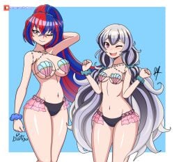 2girls ;) ;d alear_(female)_(fire_emblem) alear_(fire_emblem) alternate_hairstyle arm_behind_head arm_up artist_name bare_thighs belly bikini black_bikini black_hair blinking blue_background blue_eyes blue_hair blush braid breasts corrin_(female)_(fire_emblem)_(cosplay) cosplay female female_only fire_emblem fire_emblem_cipher fire_emblem_engage grey_hair highres horse_tail jewelry large_breasts long_hair looking_at_viewer medium_breasts multicolored_hair multiple_girls navel necklace nintendo official_alternate_hairstyle one_eye_closed open_mouth pearl_necklace ponytail purple_eyes raydango red_hair seashell see-through shell shell_bikini siblings sideboob simple_background sisters small_breasts smile swimsuit tail thighs twintails two-tone_hair underboob very_long_hair veyle_(fire_emblem) white_hair wide_hips
