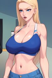 1girls ai_generated blonde_female blonde_hair blonde_hair blonde_hair_female blue_eyes bonnieaiart bra cleavage curvaceous curvaceous_body curves curvy curvy_body curvy_female curvy_figure female female female_only hourglass_figure inner_sideboob light-skinned_female light_skin sideboob solo solo_female sports_bra voluptuous voluptuous_female