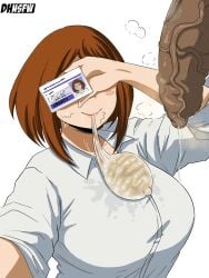 1girls after_fellatio condom condom_balloon condom_in_mouth covering_eyes cum danhnsfw foreskin huge_cock id_card my_hero_academia ochako_uraraka penis penis_awe pubic_hair_on_face ruined_reputation selfie stray_pubic_hair student_id uncut veiny_penis