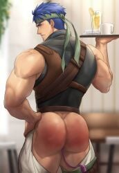 1boy ass ass_smack back_muscles back_view bar_(place) bara biceps big_ass big_butt blue_eyes blue_hair blurry blurry_background bruise bruise_on_ass bubble_butt cachic clothing completely_nude crotchless crotchless_pants cup drink fire_emblem fire_emblem:_radiant_dawn gay green_headband hand_on_hip hand_on_own_hip headband holding holding_plate huge_ass human human_only ike_(fire_emblem) injury leather leather_belt light-skinned_male light_skin looking_at_viewer looking_back male male_focus male_only manly mature_male mug muscles muscular muscular_ass muscular_back muscular_male pants plate red_ass red_butt reddened_butt remote_control_vibrator sex_toy shirt short_hair sleeveless sleeveless_shirt solo solo_male spank spanked spanked_butt spanking speech_bubble spiked_hair tape thick_arms thick_ass thick_eyebrows thick_thighs thighs topwear translation_request vibrator vibrator_cord vibrator_in_thigh_strap