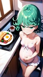 1girls ai_generated angry angry_expression angry_face annoyed annoyed_expression female green_eyes green_hair living_room one-punch_man pregnant pregnant_female purple_dress sitting sitting_on_chair sitting_on_couch slender_legs slender_waist tatsumaki violet_dress