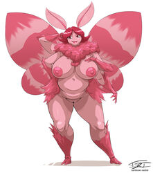 4_arms antennae anthro arm_behind_head breasts female fur hand_on_breast hand_on_hip hardtones insects large_breasts looking_at_viewer mori_(wittyusername) moth multi_arm multi_limb multi_wing nipples nude original plump pussy raised_arm red_eyes simple_background smile solo white_background wings