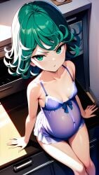 1girls ai_generated angry angry_expression angry_face annoyed annoyed_expression female green_eyes green_hair living_room one-punch_man pregnant pregnant_female purple_dress sitting slender_legs slender_waist tatsumaki violet_dress