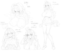 black_and_white character_sheet chinese_text exposed_breasts female glasses looking_at_viewer milk pointy_ears shirt_up shuibaow sketch smiling_at_viewer steaming_body sweater sweater_lift sweaty