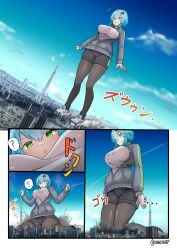 anime_style big_breasts black_pants blue_hair breasts building buildings city cityscape comic comic_page copyright_request crush destruction giantess giantess_growth green_eyes growth macrophilia manga pixiv short_hair shrunk shrunken skyscraper speech_bubble text thighhighs thighs tiny_person white_shirt