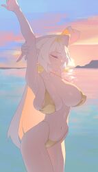 beach cameltoe closed_eyes female golden_bikini huge_breasts shuibaow smile stretching sunset thighs water white_hair