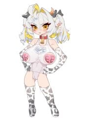 armgloves big_breasts blush blush cameltoe chibi chinese_text collar cow_print_armwear cow_tag cowbell cowgirl_outfit hands_on_hips heart_pasties looking_at_viewer pasties pointy_ears short_hair shortstack shuibaow stockings swimsuit twintails white_hair yellow_highlights