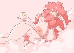 1girls big_breasts cup curly_hair female female_only heart-shaped_pubic_hair huge_breasts laying_on_side long_hair looking_at_viewer moustache nude pink_fur pink_hair pink_mustache shuibaow simple_background solo yellow_eyes