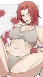 1girls abs big_breasts blush gebura_(lobotomy_corporation) grey_eyes library_of_ruina lobotomy_corporation looking_at_viewer nb8c one_eye_closed open_mouth partially_clothed presenting project_moon red_hair scar short_hair solo sweat thick_thighs