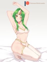 1girls arms_up bra breasts brown_eyes cleavage elincia_ridell_crimea female female_only fire_emblem fire_emblem:_path_of_radiance fire_emblem:_radiant_dawn green_hair lilshironeko medium_breasts nintendo on_bed one_eye_closed panties solo thighs underwear white_panties