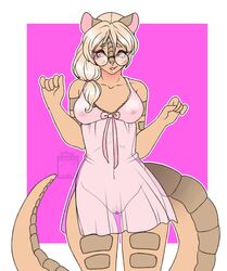 anthro armadillo breasts clothing female hiddenwolf mammal nipple_bulge pussy see-through smile solo standing wide_hips