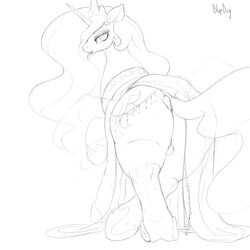 2016 anatomically_correct anatomically_correct_pussy animal_genitalia animal_pussy ass bluedrg19 clothed clothed_feral clothing condom cutie_mark equine equine_pussy female feral friendship_is_magic hair half-closed_eyes hi_res horn long_hair looking_at_viewer mammal mouth_hold my_little_pony princess_celestia_(mlp) pussy solo unicorn