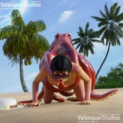 3d 3d_(artwork) all_fours beach beach_background beach_sex bent_forward cephalopod female front_view gucci highres human interspecies looking_pleasured moaning moaning_in_pleasure nude_female octopodiform octopus pearl_necklace purple_sunglasses sea_creature tentacle tentacle_penetration tentacle_sex tourist valanquarstudios zoophilia