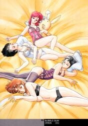 1980s_(style) 4girls bed black_hair bra brown_hair bubblegum_crisis bustier camisoles everyone garter_belt garter_straps highres lingerie linna_yamazaki lying multiple_girls nene_romanova non-web_source oldschool panties pillow priscilla_asagiri red_hair retro_artstyle sleeping sonoda_ken'ichi stuffed_animal stuffed_toy sylia_stingray take_your_pick teddy_(lingerie) thighhighs underwear underwear_only