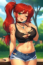 1girls ;p ai_generated big_breasts breasts cleavage clothed clothed_female collar earrings female female_only green_eyes hotpants jfxjxf long_hair looking_at_viewer necklace nipple_bulge one_eye_closed open_mouth park red_hair red_hair ripped_clothing ripped_pants ripped_tank_top standing tank_top tattoo tattoo_on_arm tattooed_arm tattoos tongue tongue_out twintails very_long_hair