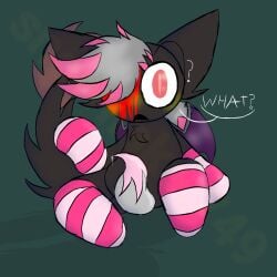 ? blood blood_on_face brown_fur calm confused confused_expression fluffy_tail green_background grey_hair leaking_precum oc original_character red_eyes shaded simple_background striped_gloves striped_socks tentacle_dick