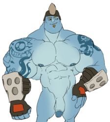 abs armor big_pecs blue_skin clothing disney face_forward fingerless_gloves flaccid gloves helmet kord_zane male male_only muscular nipples nude pecs penis remert sarah-borrows slugterra solo standing tattoo troll