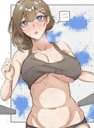 1girls big_breasts blue_eyes blush brown_hair hod_(lobotomy_corporation) library_of_ruina long_hair looking_at_viewer nb8c no_bra open_mouth partially_clothed presenting project_moon solo standing sweat