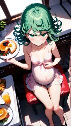 1girls ai_generated angry angry_expression angry_face annoyed annoyed_expression female green_eyes green_hair living_room one-punch_man pregnant pregnant_female purple_dress sitting sitting_on_chair sitting_on_couch slender_legs slender_waist tatsumaki violet_dress