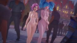 2girls 3d completely_nude completely_nude_female confident confidently_naked crowd embarrassed_nude_female enf evie_(paladins) exhibitionism female female_focus jineisho maeve_(paladins) male multiple_boys multiple_girls nude paladins public_indecency public_nudity saati_(paladins) town