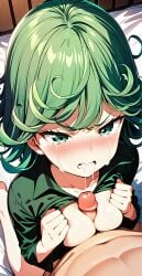 1girls ai_generated annoyed annoyed_expression bed bedroom breasts cum cum_in_mouth cum_inside cum_on_breasts cum_on_face forced forced_oral green_eyes green_hair one-punch_man semen semen_in_mouth semen_on_body semen_on_breasts small_breasts small_hips small_tits small_waist tatsumaki titjob violated_heroine violation