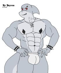 2017 abs anthro artist_name bayron_(artist) biceps bracelet bulge clothed clothing dated dorsal_fin fin fish grey_body grey_scales humanoid_hands jewelry jolly_roger looking_at_viewer male male_only marine muscular muscular_anthro muscular_male nails navel necklace pecs red_eyes scales shark simple_background smile smiling_at_viewer snout solo spiked_bracelet spikes tail topless topless_anthro topless_male underwear white_background white_clothing white_underwear