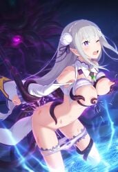 ai_generated blush bra bra_lift breasts elf elf_ears elf_female elf_girl emilia_(re:zero) exposed_breasts female flower_in_hair flower_ornament hair_ornament half-elf light-skinned_female light_skin long_hair male male/female medium_breasts panties panties_down pointy_ears princess purple_eyes re:zero_kara_hajimeru_isekai_seikatsu silver_hair tentacle tentacle_around_leg tentacles_around_breasts tentacles_around_wrists thighhigh_boots very_long_hair white_hair