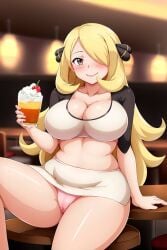 ai_generated big_breasts blonde_hair blush busty cleavage creatures_(company) crop_top curvy cynthia_(pokemon) female female female_only game_freak hair_ornaments hi_res highres holding_drink holding_object milf nintendo pantyshot pink_panties pokemon pokemon_(game) pokemon_dppt pokemon_trainer restaurant seraphim_ai skirt smile solo stable_diffusion thick_thighs waitress