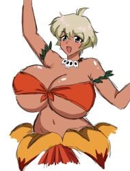 arm_up blonde_hair blue_eyes breasts cleavage crystal_earrings dark-skinned_female dark_skin earrings female highres huge_breasts jewelry jungle_de_ikou leaf_skirt midriff mii_(jungle_de_ikou) momiji_(artist) momijizx necklace retro_artstyle short_hair skull_necklace standing tribal upper_body white_background