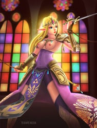 1girls armor blonde_hair breasts female hyrule_warriors long_hair nintendo nipples pointy_ears princess_zelda solo standing the_legend_of_zelda zamzalia zelda_(hyrule_warriors)