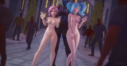 3d 3girls completely_nude completely_nude_female confident confidently_naked crowd embarrassed_nude_female enf evie_(paladins) exhibitionism female female_focus jineisho maeve_(paladins) male multiple_boys multiple_girls nude paladins public_indecency public_nudity saati_(paladins) town