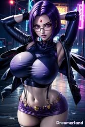 1girls abdomen abdominals ai_generated alternate_breast_size anime anime_style armpits ass_visible_through_thighs belly_button belt big_breasts breasts choker city city_background cityscape covered_breasts covered_nipples crop_top dc_comics female female_only fit fit_female fitness from_front_position front_view glasses glasses_on_face glasses_only gloves hands-free hands_up hd hd_(traditional) high_resolution highres hourglass_figure huge_breasts jacket_open large_breasts light light_body light_skin looking_at_partner looking_at_viewer midriff miniskirt navel neon neon_lights night portrait pose posing posing_for_picture posing_for_the_viewer purple_eyes purple_hair raven_(dc) realistic seductive seductive_look serious shiny shiny_breasts shiny_clothes shiny_hair shiny_skin short_hair skirt sky4maleja sleeveless solo straight straight_hair suspenders teen_titans thick_thighs thighs waist water watermark