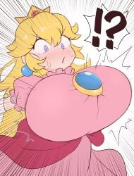 !? 2023 big_breasts blonde_hair blue_eyes blush breast_expansion huge_breasts kurachi_mizuki mario_(series) nintendo princess_peach tagme