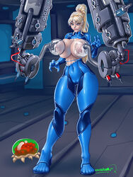 blonde_hair bodysuit breasts cameltoe covered_navel female lactating lactation large_breasts metroid milk milking milking_machine nintendo nipples samus_aran skin_tight standing torn_clothes xxxbattery zero_suit zero_suit_samus