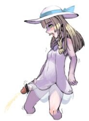 1futa bare_shoulders big_penis blonde_hair blush braid censored cum dress erection erection_under_clothes eyelashes futa_only futanari green_eyes half-closed_eyes hat human intersex lillie_(pokemon) long_hair navel nintendo nipples open_mouth penis penis_under_clothes penis_under_skirt pokemon pokemon_sm see-through small_breasts solo standing takane_(lovehatsune) teeth tied_hair tongue trembling veins veiny_penis