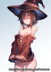 black_hair blush breasts dress dress_lift dress_pull dress_tug female hat kono_subarashii_sekai_ni_shukufuku_wo! looking_at_viewer megumin nipples pussy red_eyes redcomet short_hair solo tears watermark web_address witch_hat