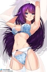 armpits arms_up bakemonogatari big blue_eyes blush bra breasts collarbone garter_belt likunea lingerie looking_at_viewer medium_breasts monogatari_(series) panties purple_hair scissors senjougahara_hitagi solo