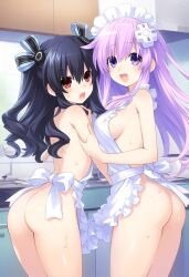 2girls ai_generated ass black_hair d-pad_hair_ornament from_behind hair_ribbon happy light-skinned_female looking_at_viewer maid naked_apron nepgear neptunia_(series) open_mouth petite purple_eyes purple_hair red_eyes sideboob surprised sweat uni_(neptunia)