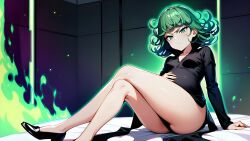 1girls ai_generated annoyed annoyed_expression bed bedroom black_dress black_shoes disgusted green_eyes green_hair one-punch_man pregnant pregnant_female sitting sitting_on_bed slender slender_legs slender_waist small_breasts smaller_female tatsumaki