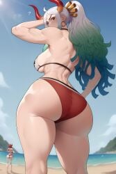 1girls ai_generated ass ass_focus azure_(artist) back back_view bare_arms bare_legs bare_shoulders bare_thighs beach big_ass big_breasts big_butt bikini bikini_bottom bikini_top clothed clothing color female female_focus female_only fit_female hi_res horns large_breasts light-skinned_female light_skin long_hair looking_at_viewer muscles muscular muscular_back muscular_female one_piece red_eyes sand sea shounen_jump solo solo_female tagme thick_thighs water white_hair yamato_(one_piece)