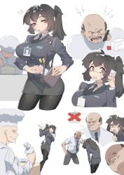 apologizing big_breasts black_hair boss cake cheating comic evil_grin fat_man female id_card office_lady phone ponytail ring scared_expression short_skirt shuibaow sister skirt stockings tie yelling