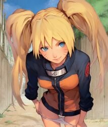 1girls ai_generated alley asian background big_breasts blonde_female blonde_hair blue_eyes bottomless bottomless_female busty canon_genderswap clothed color cute facial_markings female female_focus genderswap_(mtf) hair hair_between_eyes jacket konohagakure_symbol light-skinned_female light_skin long_hair looking_at_viewer lqf_ai naruko naruto naruto_(series) naruto_shippuden ninja no_pants outdoors panties panties_down public public_nudity pulling_down_panties pulling_panties rule_63 sexy_no_jutsu shounen_jump smile smiling solo solo_female stable_diffusion standing tied_hair twintails underwear uzumaki_naruto whisker_markings yellow_hair