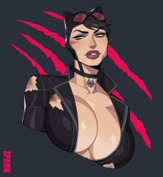 1girls batman:_arkham_city batman:_arkham_knight big_breasts black_hair breasts bust_portrait catwoman catwoman_(arkham) catwoman_(arkham_city) choker cleavage dc dc_comics female female_only green_eyes headwear huge_breasts large_breasts light-skinned_female light_skin nsfw selina_kyle solo torn_clothes zpark