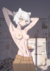 1girls animal_ears armpits arms_behind_head arms_up bed casual_topless cat_ears catgirl eyebrows female female_only frown hands hands_behind_head lighting medium_breasts newspaper pants perky_breasts short_hair shuibaow skinny skinny_female skinny_girl skinny_waist small_breasts solo wallpaper_(decoration) white_hair yellow_eyes yellow_nipples