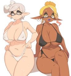 2girls alternate_breast_size bikini breasts chocolate_and_vanilla dark-skinned_female dark_skin female frye_(splatoon) grey_hair hi_res huge_breasts light-skinned_female light_skin marie_(splatoon) nintendo splatoon splatoon_3 tentacle_hair thick_thighs voluptuous white_background yellow_hair yuta_agc