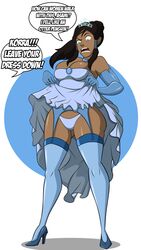 1girls 2016 5_fingers aqua_eyes avatar_legends bare_shoulders big_breasts blue_eyes blue_legwear breasts brown_hair cleavage clothing dark-skinned_female dark_skin dress dress_lift elbow_gloves english_text eyebrows female female_only garter_belt gloves grimphantom hands heels high_heels highres human korra large_breasts legwear looking_down mad medium_breasts open_mouth panties ponytail solo speech_bubble standing stockings straight_hair teeth text the_avatar the_legend_of_korra tiara tied_hair tongue water_tribe white_background