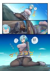 anime_style big_breasts black_pants blue_hair breasts building buildings city cityscape comic comic_page copyright_request crush daytime debris destruction giantess giantess_growth gigantic_breasts green_eyes growth macrophilia manga mouth mouth_open pixiv short_hair shrunk shrunken skyscraper speech_bubble text tiny_person white_shirt